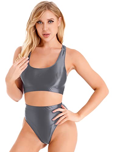 iEFiEL Damen Öl Dessous Set Sportlich BH Unterhemd Glossy Crop Top Slips Unterwäsche Nachtwäsche Reizwäsche Grau L von iEFiEL