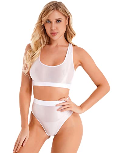 iEFiEL Damen Öl Dessous Set Sportlich BH Unterhemd Glossy Crop Top Slips Unterwäsche Nachtwäsche Reizwäsche Weiß XL von iEFiEL