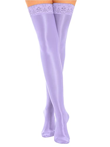 iEFiEL Damen Öl Halterlose Strümpfe Kniestrümpfe Halterlose Strümpfe mit Spitze Stockings Einfarbig Socken Light Purple Einheitsgröße von iEFiEL