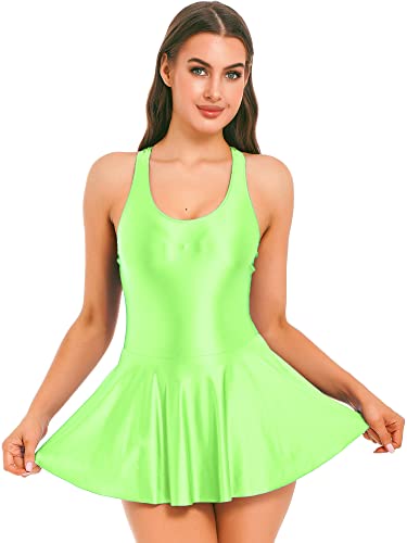 iEFiEL Damen Öl Kleid Ärmellose Minikleid Wetlook Partykleid Kurz Skaterkleid Eng Stretch Kleider Plisseerock Tutu Tanzkleid Fluoreszierendes Grün L von iEFiEL