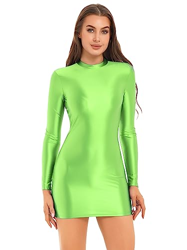 iEFiEL Damen Öl Minikleid Bodycon Kleid Langarm Glossy Kleider Figurbetont Partykleid Kurz Eng Clubkleid Nachtkleid Fluoreszierendes Grün M von iEFiEL