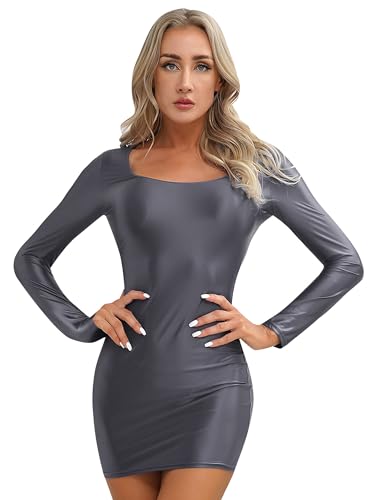 iEFiEL Damen Öl Minikleid Bodycon Kleid Langarm Glossy Kleider Figurbetont Partykleid Kurz Eng Clubkleid Nachtkleid X Grau L von iEFiEL