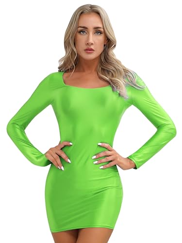 iEFiEL Damen Öl Minikleid Bodycon Kleid Langarm Glossy Kleider Figurbetont Partykleid Kurz Eng Clubkleid Nachtkleid X Leuchtendes Grün XL von iEFiEL