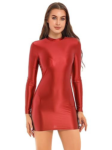 iEFiEL Damen Öl Minikleid Bodycon Kleid Langarm Glossy Kleider Figurbetont Partykleid Kurz Eng Clubkleid Nachtkleid Burgundy M von iEFiEL