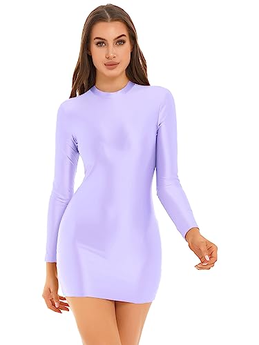 iEFiEL Damen Öl Minikleid Bodycon Kleid Langarm Glossy Kleider Figurbetont Partykleid Kurz Eng Clubkleid Nachtkleid Hellviolett L von iEFiEL