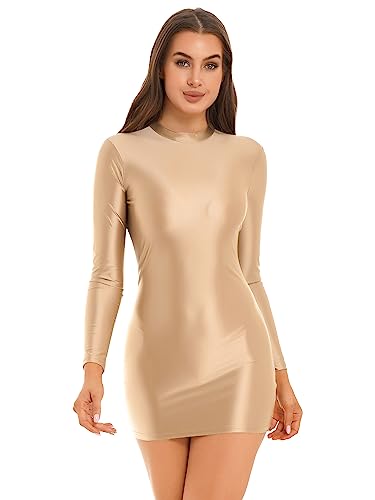 iEFiEL Damen Öl Minikleid Bodycon Kleid Langarm Glossy Kleider Figurbetont Partykleid Kurz Eng Clubkleid Nachtkleid Kaffee XL von iEFiEL