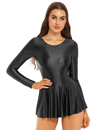 iEFiEL Damen Öl Minikleid Langarm Kleid mit Shorts Eng Skaterkleid Faltenrock Stretch Ballett Trikot Balletkleidung Tanzkostüm Schwarz L von iEFiEL