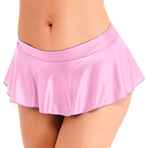 iEFiEL Damen Öl Minirock Shiny Faltenrock Kurz Rock Low Rise RöckeTutu Tanzkostüm Party Club Clubwear Rosa L von iEFiEL