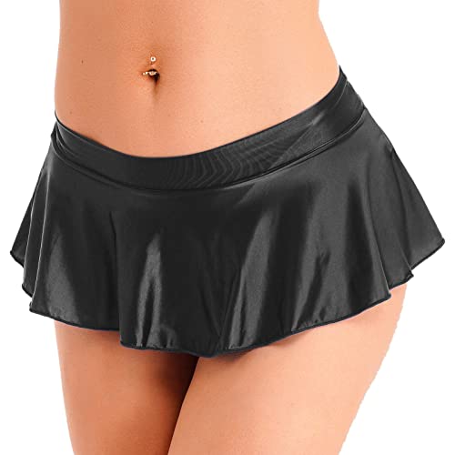 iEFiEL Damen Öl Minirock Shiny Faltenrock Kurz Rock Low Rise RöckeTutu Tanzkostüm Party Club Clubwear Schwarz L von iEFiEL