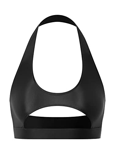 iEFiEL Damen Öl Sport BH Bra Sportlich Hemd Rückenfrei Crop Top Bauchfrei Shirts Kurz Cut Out Hemd Reizwäscche Schwarz L von iEFiEL