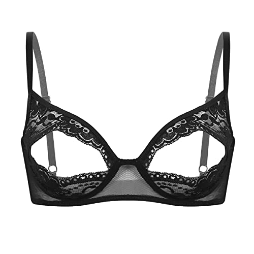 iEFiEL Damen Ouvert BH Triangle Bra Bralett mit Krenz Rücken Träger Top Harness Oberteil offene Nippel Unterwäsche Dessous Spitze Bra M von iEFiEL