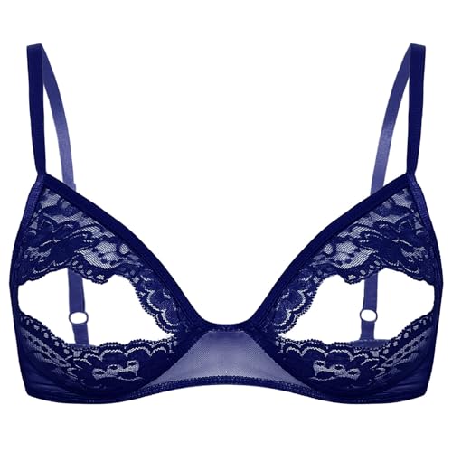 iEFiEL Damen Ouvert BH Triangle Bra Bralett mit Krenz Rücken Träger Top Harness Oberteil offene Nippel Unterwäsche Dessous Spitze Navy blau M von iEFiEL