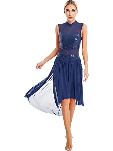 iEFiEL Damen Pailletten Ballettkleid Patchwork Ballettanzug mit Shorts Mesh Kleider Trikot Tanz-Body Gymnastik Tanz Kostüme Blau M von iEFiEL