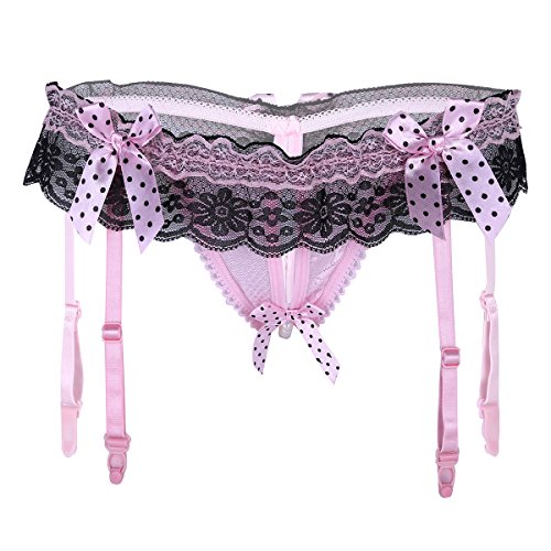 iEFiEL Damen Reizvoller Spitze Offen Schritt Niedrige Taille Unterwäsche Unterhosen Tangas Perlen-String mit Strumpfhalter Strapsen Set Rosa Einheitsgröße von iEFiEL