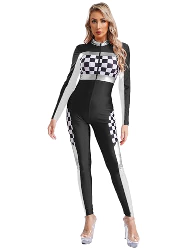 iEFiEL Damen Rennfahrer Kostüm Racer Fahrer Faschingskostüm Halloween Mottoparty Ganzkörperanzug Schachbrettmuster Overall Schwarz XXL von iEFiEL