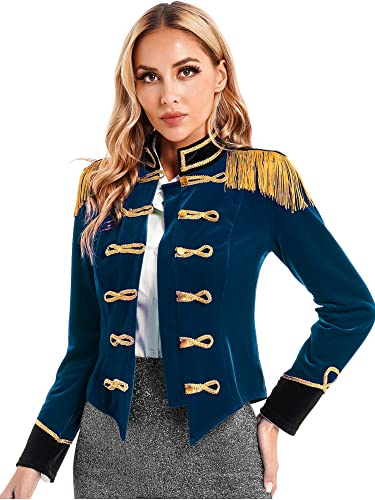 iEFiEL Damen Samt Blazer Jäckchen Ringmaster Kostüm Zirkus Stehkragen Kurzjacke mit Quasten Showman Kostüme Cosplay Vintage Jacke Outerwear Dunkelblau S von iEFiEL