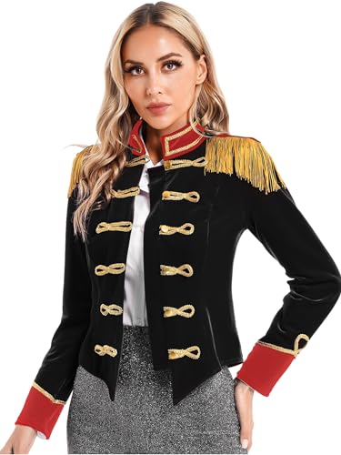 iEFiEL Damen Samt Blazer Jäckchen Ringmaster Kostüm Zirkus Stehkragen Kurzjacke mit Quasten Showman Kostüme Cosplay Vintage Jacke Outerwear Schwarz 3XL von iEFiEL