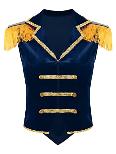 iEFiEL Damen Samt Blazer Jäckchen Ringmaster Kostüm Zirkus Stehkragen Kurzjacke mit Quasten Showman Kostüme Cosplay Vintage Jacket Outerwear X Dunkelblau M von iEFiEL