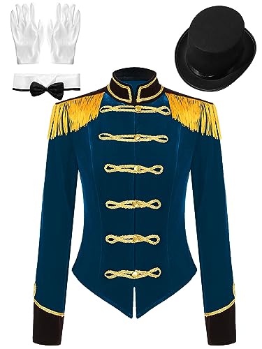 iEFiEL Damen Samt Blazer Jäckchen Ringmaster Kostüm Zirkus Stehkragen Kurzjacke mit Quasten Showman Kostüme Cosplay Vintage Jacke Outerwear X Dunkelblau mit Hut und Handschuhe L von iEFiEL