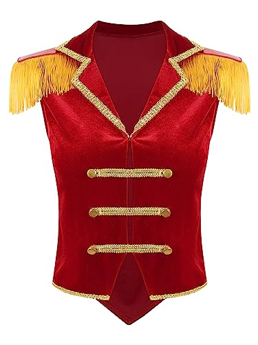 iEFiEL Damen Samt Blazer Jäckchen Ringmaster Kostüm Zirkus Stehkragen Kurzjacke mit Quasten Showman Kostüme Cosplay Vintage Jacket Outerwear X Rot M von iEFiEL