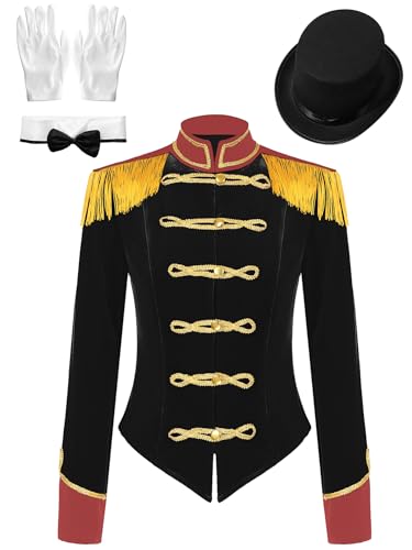 iEFiEL Damen Samt Blazer Jäckchen Ringmaster Kostüm Zirkus Stehkragen Kurzjacke mit Quasten Showman Kostüme Cosplay Vintage Jacke Outerwear X Schwarz mit Hut und Handschuhe 3XL von iEFiEL