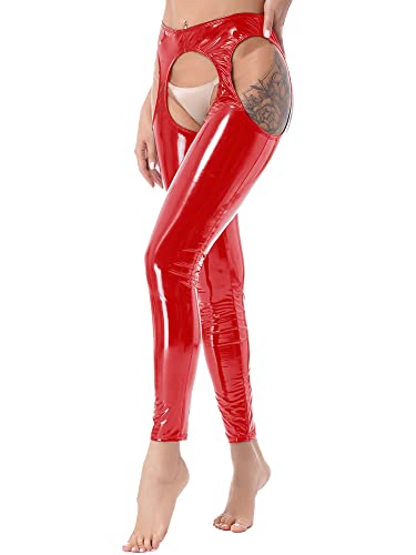 iEFiEL Damen Sexy Leggings Lackleder Hosen mit Ouvert Pants Skinny Lederhose Schwarz Stretch Hose Clubwear Gogo Kostüm T Rot Aushöhlen M von iEFiEL