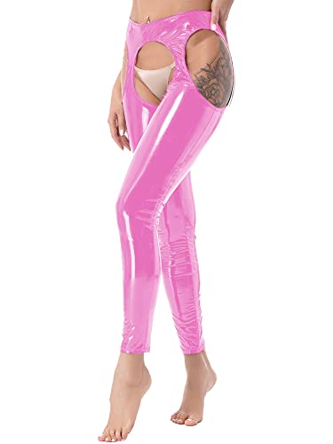 iEFiEL Damen Sexy Leggings Lackleder Hosen mit Ouvert Pants Skinny Lederhose Schwarz Stretch Hose Clubwear Gogo Kostüm TA Rosa Aushöhlen S von iEFiEL