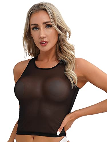 iEFiEL Damen Sport BH Bauchfrei Oberteil Crop Tops Transparent Mesh Top Kurz Weste Tank Top Mesh Unterhemd Unterwäsche Schwarz Weiß Schwarz Tanktop L von iEFiEL