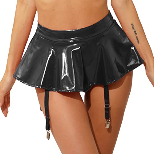 iEFiEL Damen Strumpfgürtel Wetlook Strapsgürtel mit Strumpfhalter Strumpfhose Gürtel Strumpfbänder Lackleder Dessous Oberschenkel Strapsen Sets S-4XL X Schwarz S von iEFiEL