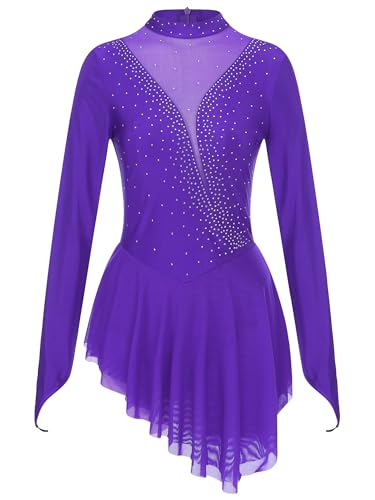 iEFiEL Damen Tanzkleid Patchwork Eiskunstlauf Kleid Ballettanzug mit Strass Rollkunstlauf Wettbewerb Tanzkostüm Kürkleid Violett M von iEFiEL