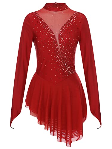 iEFiEL Damen Tanzkleid Patchwork Eiskunstlauf Kleid Langarm Kürkleid mit Strass Rollkunstlauf Wettbewerb Tanzanzug Burgundy L von iEFiEL