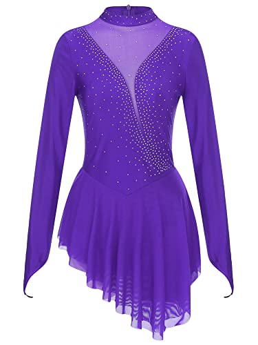 iEFiEL Damen Tanzkleid Patchwork Eiskunstlauf Kleid Langarm Kürkleid mit Strass Rollkunstlauf Wettbewerb Tanzanzug Violett M von iEFiEL