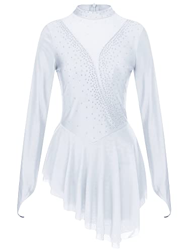 iEFiEL Damen Tanzkleid Patchwork Eiskunstlauf Kleid Langarm Kürkleid mit Strass Rollkunstlauf Wettbewerb Tanzanzug Weiß M von iEFiEL