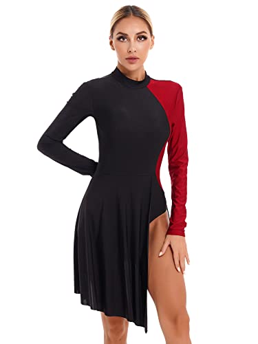 iEFiEL Damen Tanzkleid mit Asymmetrisch Rock Wickelrock Tango Latein Kleider Ballettanzug Eiskunstlauf Kleid Tanzkostüm Burgundy M von iEFiEL