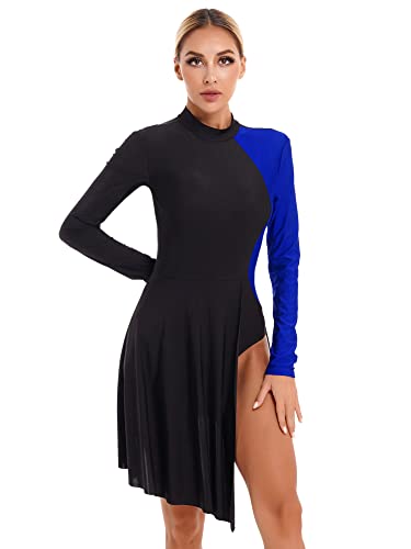 iEFiEL Damen Tanzkleid mit Asymmetrisch Rock Wickelrock Tango Latein Kleider Ballettanzug Eiskunstlauf Kleid Tanzkostüm Royal Blau M von iEFiEL