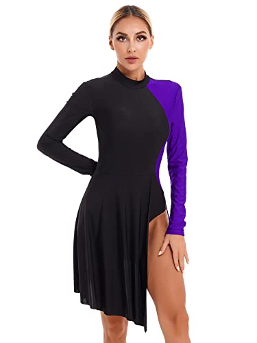 iEFiEL Damen Tanzkleid mit Asymmetrisch Rock Wickelrock Tango Latein Kleider Ballettanzug Eiskunstlauf Kleid Tanzkostüm Violett M von iEFiEL