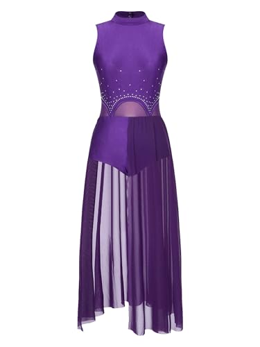 iEFiEL Damen Tanzkleid mit Strass Mesh Ballettkleid Ballett Trikotanzug Jumpsuit Tanzbody Overall Gymnastik Wettbewerb Tanzkostüm Violett L von iEFiEL