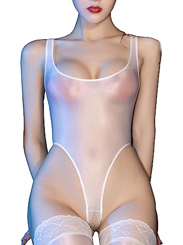 iEFiEL Damen Transparent Body Einteiler Overalls High Cut Catsuit Spitze Dessous Babydoll Spaghetti-Träger Unterhemd X Weiß Einheitsgröße von iEFiEL