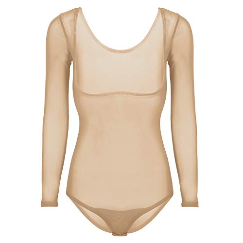 iEFiEL Damen Transparent Bodysuit Langarm Body offen Brust Mesh Unterhemd Damenbody Unterwäsche Bauchtanz Overall Leotard Nude Einheitsgröße von iEFiEL