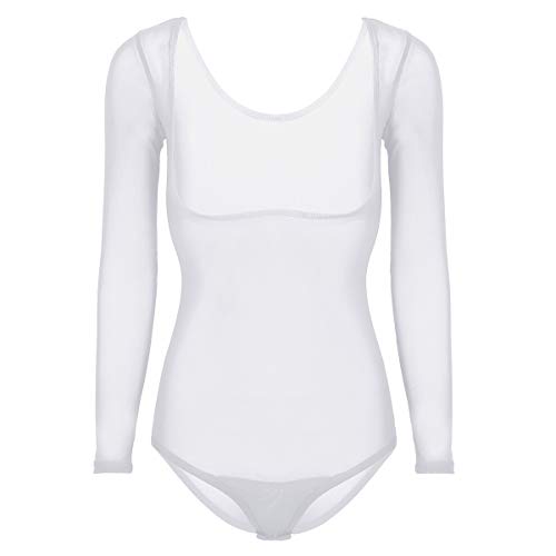 iEFiEL Damen Transparent Bodysuit Langarm Body offen Brust Mesh Unterhemd Damenbody Unterwäsche Bauchtanz Overall Leotard Weiß Einheitsgröße von iEFiEL