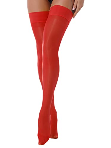 iEFiEL Damen Transparent Halterlose Nylon Strümpfe Socken Strumpfhose Kurz Stockings Einfarbig Kniestrümpfe Rot Einheitsgröße von iEFiEL