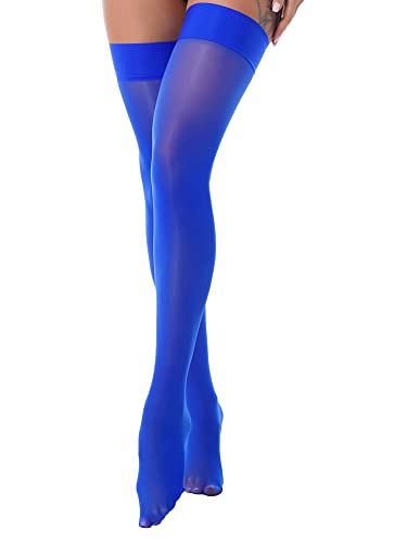 iEFiEL Damen Transparent Halterlose Nylon Strümpfe Socken Strumpfhose Kurz Stockings Einfarbig Kniestrümpfe Royal Blau Einheitsgröße von iEFiEL