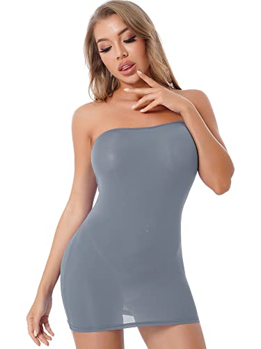 iEFiEL Damen Transparent Kleid Bodycon Minikleid Bandeau Unterkleid Eng Stretch Nachtkleid Gogo Partykleid Kurz Dunkelgrau Einheitsgröße von iEFiEL