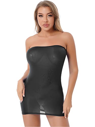 iEFiEL Damen Transparent Kleid Bodycon Minikleid Bandeau Unterkleid Eng Stretch Nachtkleid Gogo Partykleid Kurz Schwarz Einheitsgröße von iEFiEL