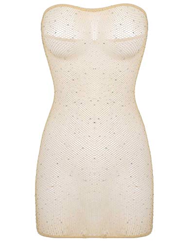 iEFiEL Damen Transparent Mesh Bodycon Minikleid mit Glänzende Strasssteine Erotik Lingerie Babydoll Negligee Stretch Dessous Nachtwäsche Nackt Einheitsgröße von iEFiEL