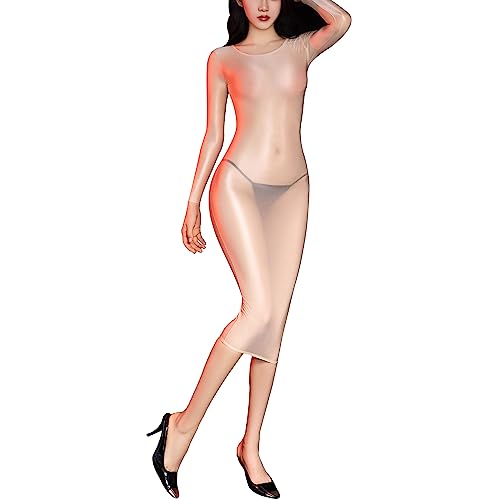 iEFiEL Damen Transparent Midikleid Langarm Kleid Stretch Eng Kleider Einfarbig Nachtkleid Erotik Negligee Bodystocking Nude Einheitsgröße von iEFiEL