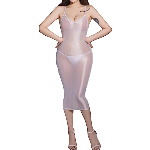 iEFiEL Damen Transparent Midikleid Langarm Kleid Stretch Eng Kleider Einfarbig Nachtkleid Erotik Negligee Bodystocking X Weiß Ärmellose Einheitsgröße von iEFiEL