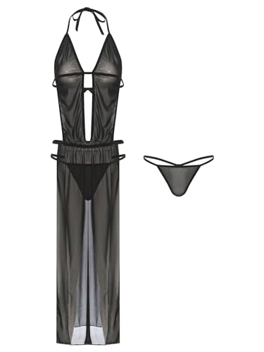 iEFiEL Damen Transparent Nachthemd lang Nachtkleid Rückenfrei Unterkleid Dessous Set mit Slips Cheongsam Kleid Mesh Negligee Za Schwarz Einheitsgröße von iEFiEL