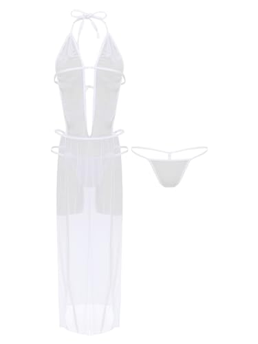 iEFiEL Damen Transparent Nachthemd lang Nachtkleid Rückenfrei Unterkleid Dessous Set mit Slips Cheongsam Kleid Mesh Negligee Za Weiß Einheitsgröße von iEFiEL
