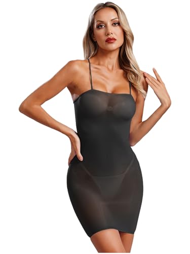iEFiEL Damen Transparent Trägerkleid Mini Nachthemd Glossy Unterkleid Spaghettiträger Meshkleid Bodycon Etuikleid Schwarz Einheitsgröße von iEFiEL